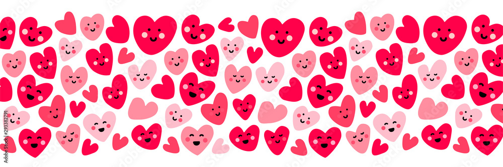 Cute childish background with funny kawaii cartoon characters of hearts
