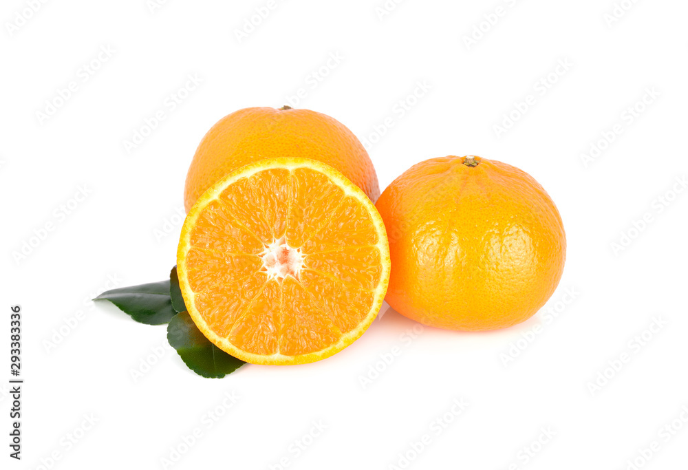 whole and half cut ripe Australia honey murcott mandarin orange with leaf on white background whole and half cut ripe Australia honey murcott mandarin orange with leaf on white background