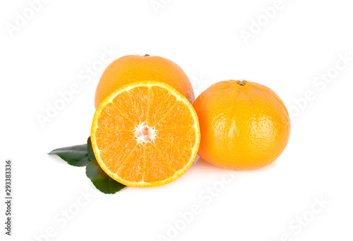 whole and half cut ripe Australia honey murcott mandarin orange with leaf on white background