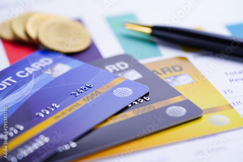 Credit card model with coins and pen : Financial development, Accounting, Statistics, Investment Analytic research data economy office Business company banking concept..