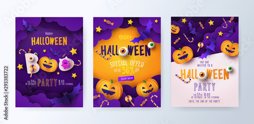 Set of Halloween party invitations, greeting cards, or posters with calligraphy, cutest pumpkins, bats and candy in night clouds. Design template for advertising, web, social media. Paper cut style