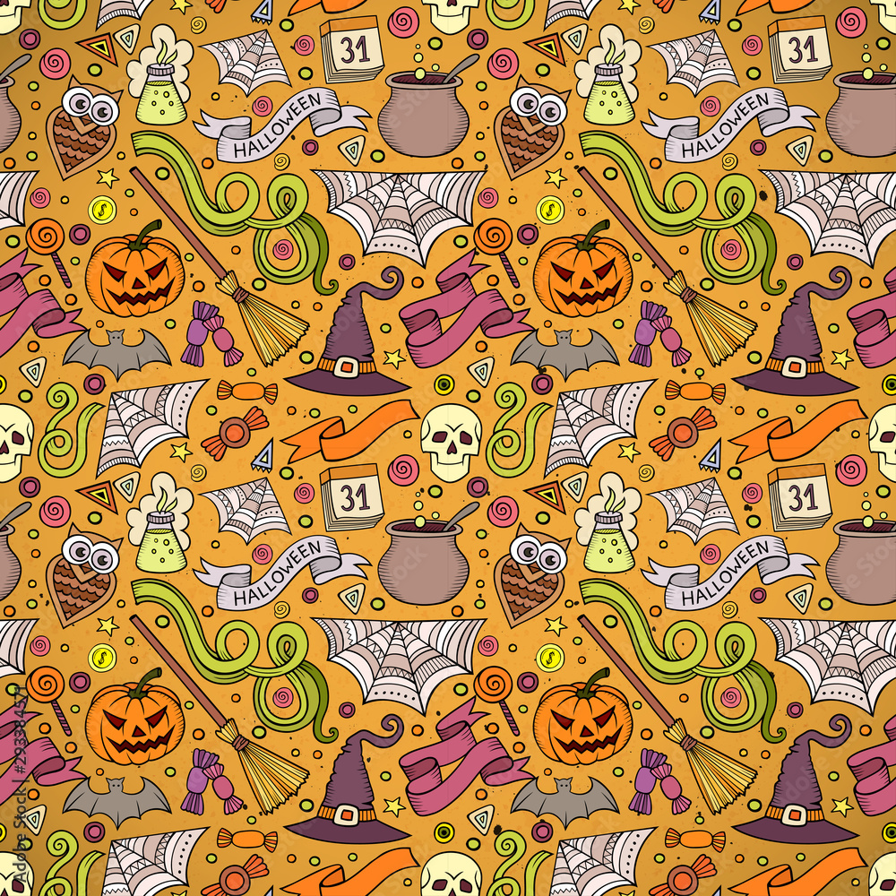 Halloween seamless pattern . Hand drawn background. Pattern with pumpkin, bat, spider, potion. Sketch vector illustration.
