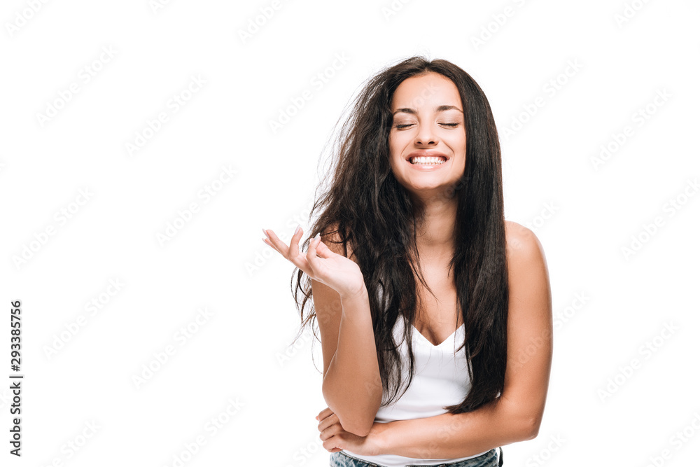smiling brunette beautiful woman with straight and curly hair isolated on white smiling brunette beautiful woman with straight and curly hair isolated on white
