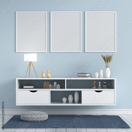 Three blank photo frame for mockup in living room, 3D rendering