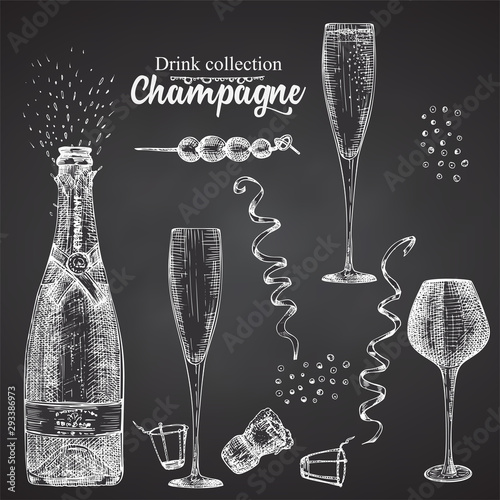 Set hand drawn sketch bottle and glasses champagne, on black chalckboard Vintage design bar, restaurant, cafe menu on white background. Graphic vector art Creative template for flyer, banner, poster