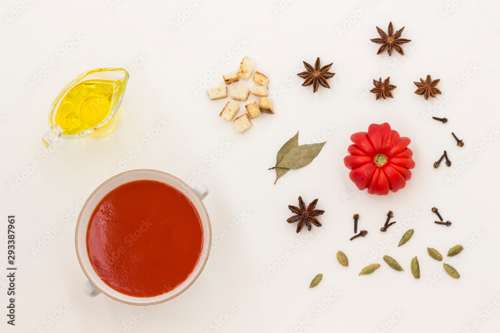 Summer cold tomato soup. Set of products for gazpacho, white background. Summer cold tomato soup. Set of products for gazpacho, white background.