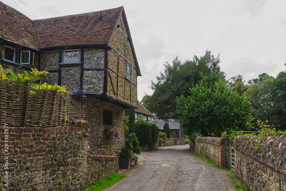 Cottages and lane in Shere, Surrey, England