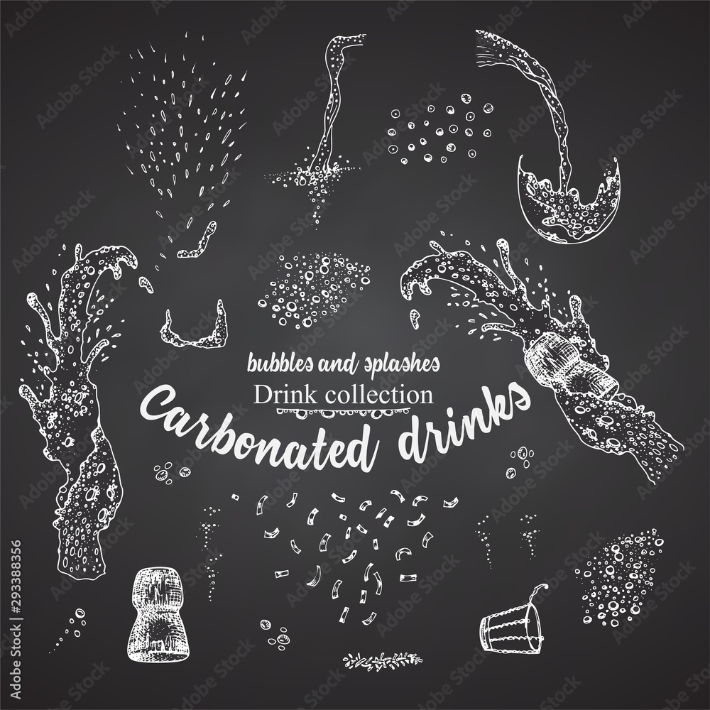 Set hand drawn sketch bursts, bubbles, foam carbonated drinks, champagne bottles exploding, textures and backgrounds, Graphic vector art