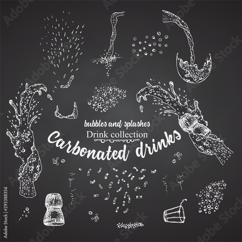 Set hand drawn sketch bursts, bubbles, foam carbonated drinks, champagne bottles exploding, textures and backgrounds, Graphic vector art