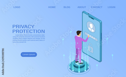 banner protect data and confidentiality on mobile. privacy protection and security are confidentiality. flat isometric vector illustration