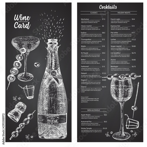 Cocktail bar menu design template set in retro style Isolated on on black chalckboard background. Hand drawn glass and bottle champagne. Vintage wine card. Alcohol beverage symbol.
