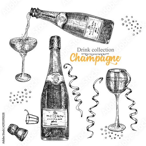 Set hand drawn sketch bottle and glasses champagne, Vintage design bar, restaurant, cafe menu on white background. Graphic vector art Creative template for flyer, banner, poster