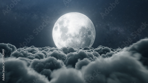 Fotografia Beautiful realistic flight over cumulus lush clouds in the night moonlight