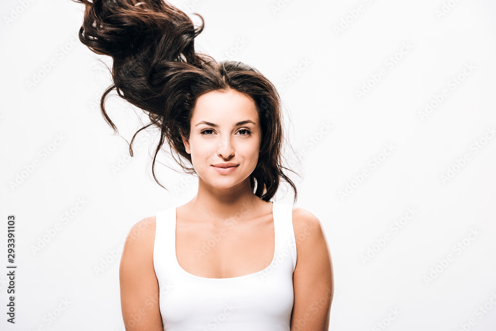 brunette beautiful woman with long healthy and shiny hair isolated on white brunette beautiful woman with long healthy and shiny hair isolated on white