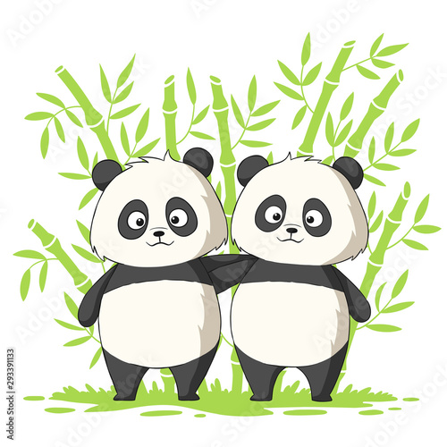 Two cute pandas. Hand drawn vector illustration with separate layers.