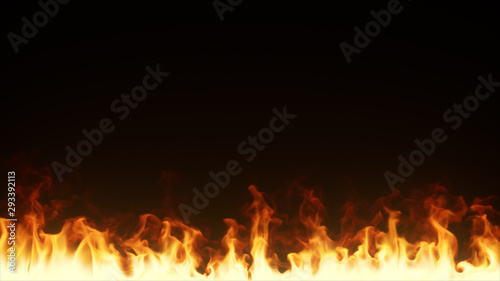 Fire burns in slow motion on a black isolated background. Realistic 3d illustration