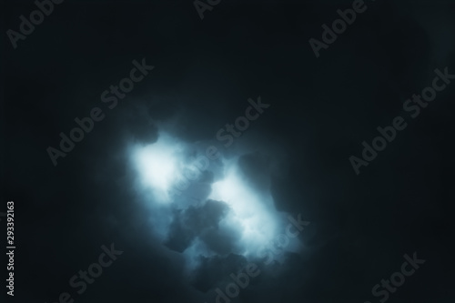 Brightly sparkling lightning breaks through the dense storm clouds in the night. Epic flash of lightning in the sky in the rain. Rain spray fly into the camera. 3d illustration