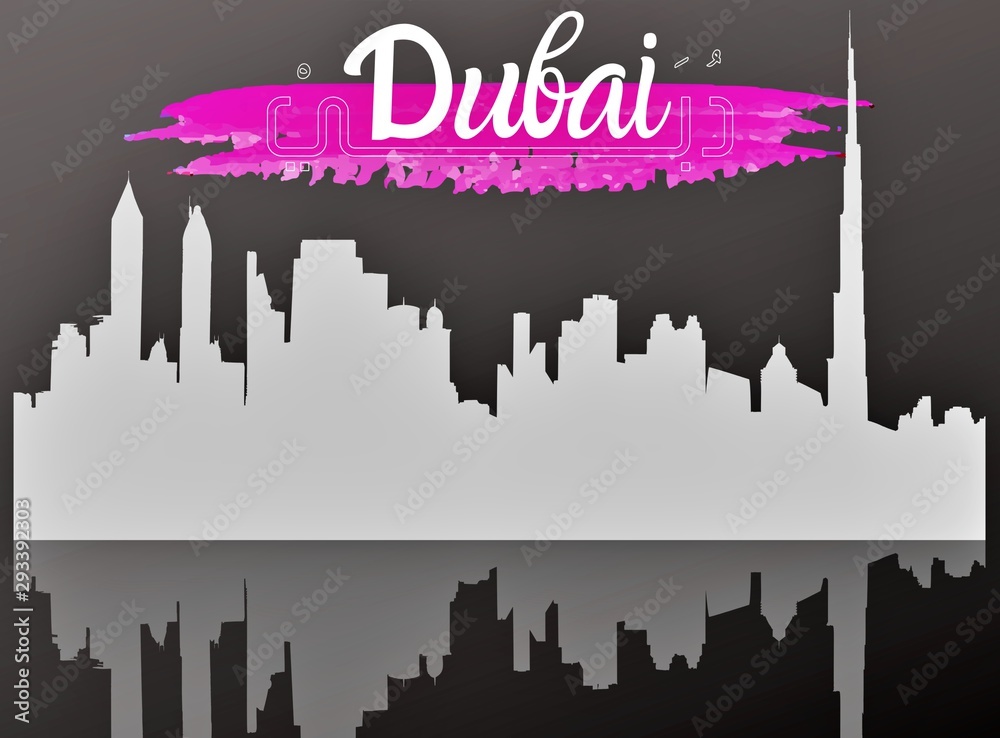 Dubai city skyscraper and the world dubai written in Arabic and English . Illustration. Business travel and tourism concept with modern buildings. Image for banner or web site. welcome to Dubai
