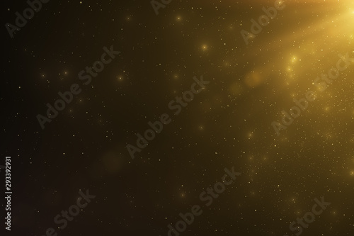 Abstract background of sparkling floating golden dust particles and rays of light on an isolated black background. 3d illustration of dynamic wind particles in the air with bokeh