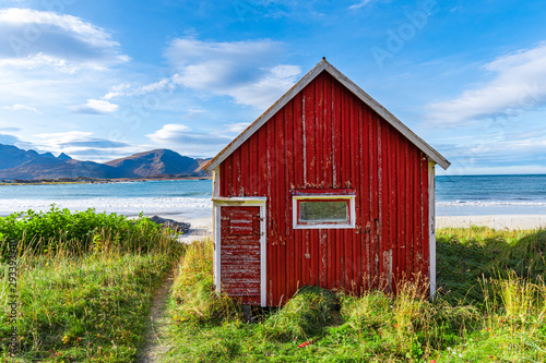 Rorbu at Ramberg Beach In Lofoten Islands Norway