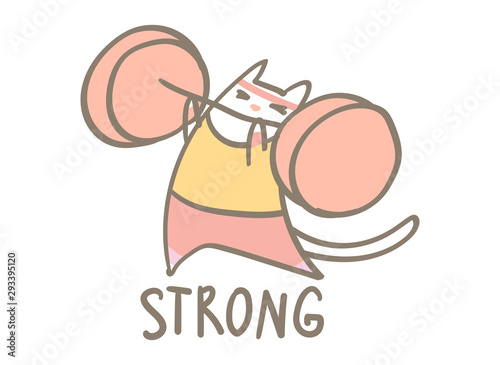 Cute cartoon character kitty doing exercise, motivational funny vector illustration isolated on white.