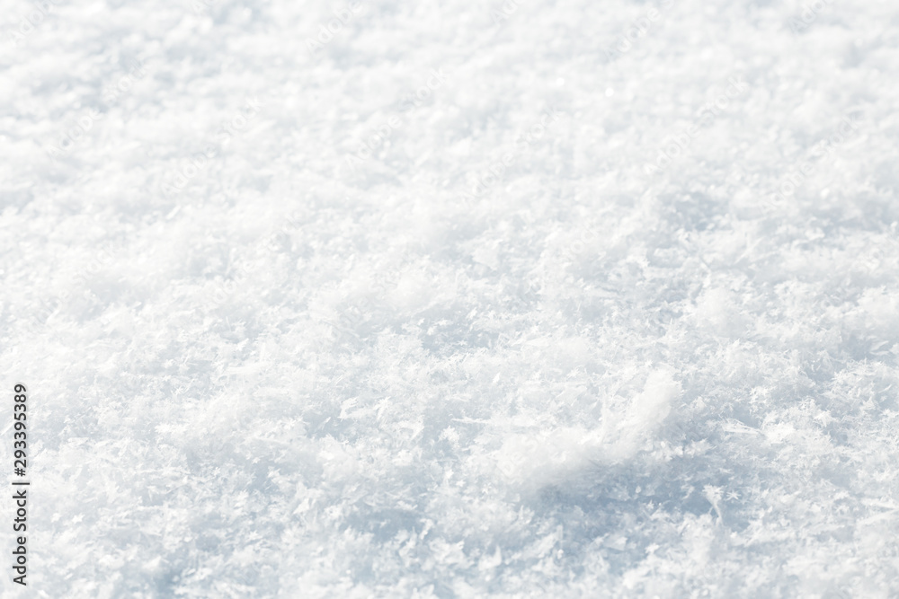 Closeup of fresh snow texture with snowflakes and crystals lightened by the bright sun. Natural winter background