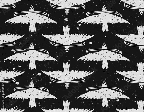 Seamless texture with white birds flying through the ring. White crow or raven.