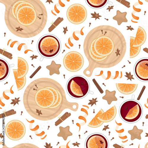 Seamless pattern with mulled wine, orange slices, cinnamon sticks, cloves and cardamom. Flat lay vector Christmas background.