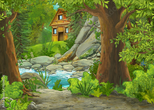 cartoon scene with mountains and valley with farm house and garden near the forest and stream illustration for children
