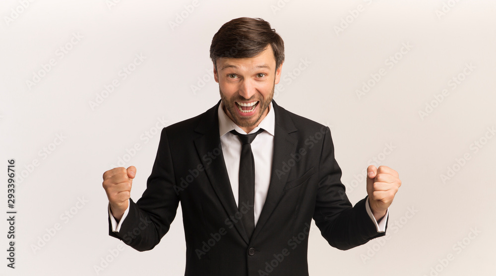 Businessman Shouting Shaking Fists On White Background, Panorama Businessman Shouting Shaking Fists On White Background, Panorama
