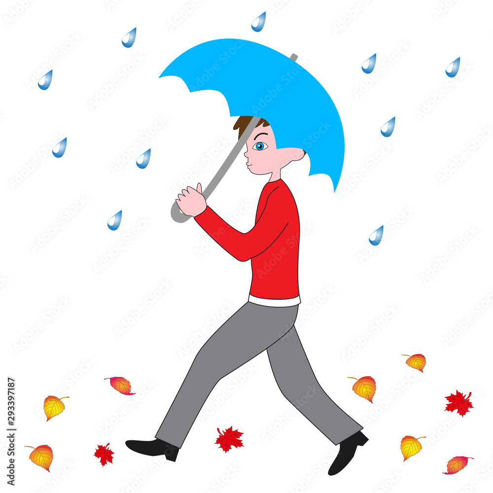Boy walking in the rain with an umbrella.