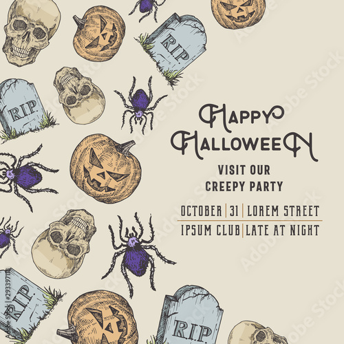 Hand Drawn Scull, Pumpkin, Spider and Tomb Stone Vector Background Pattern Card. Halloween Celebration Greeting Sketches Party Invitation or Cover Template