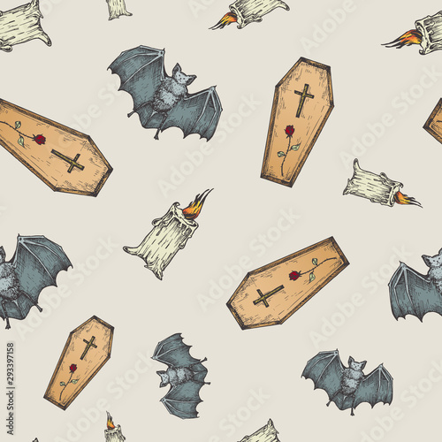Hand Drawn Vampire Bat, Coffin and Candle Vector Seamless Background Pattern. Halloween Celebration Greeting Sketches Card, Wrapping or Cover Template