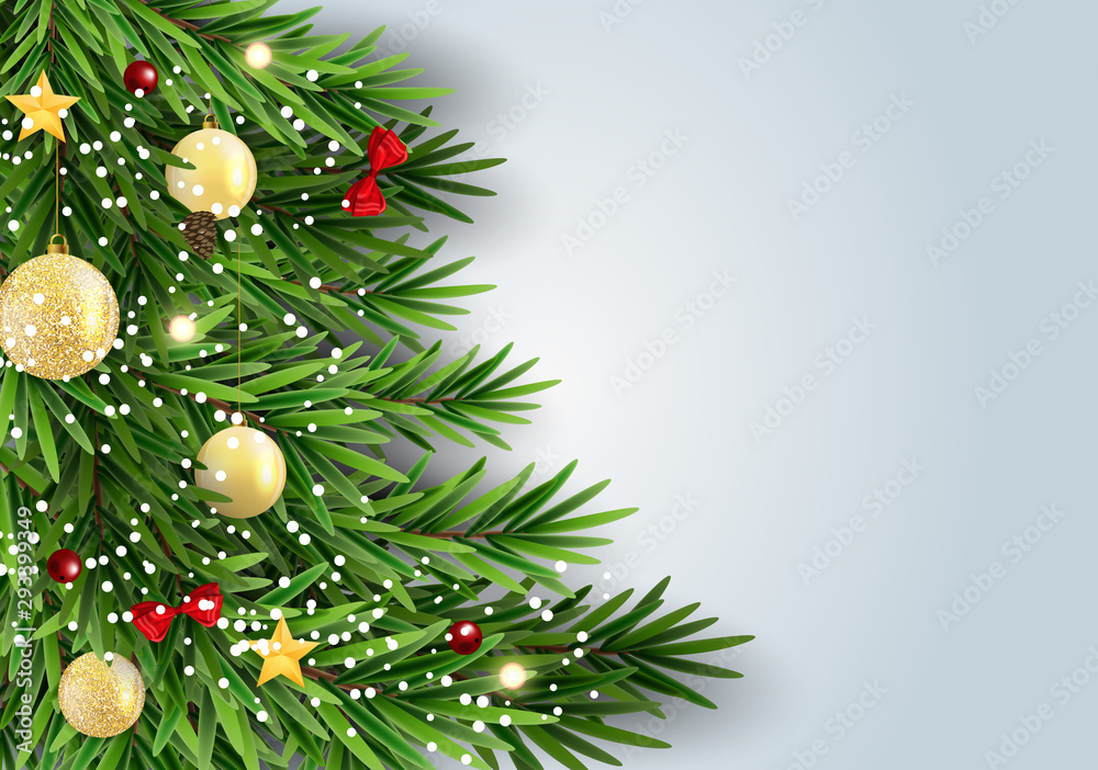 Fototapeta premium Abstract Holiday New Year and Merry Christmas Background with realistic Christmas tree. Vector Illustration