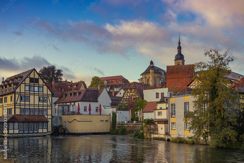 Traditional buildings at the Regnitz river in the historic old town of Bamberg, a medieval city in Upper Franconia, Germany. Famous travel, tourism destination