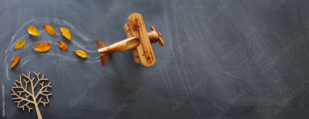 Fototapeta Education concept, banner of vintage airplane on a chalkboard with fall leaves