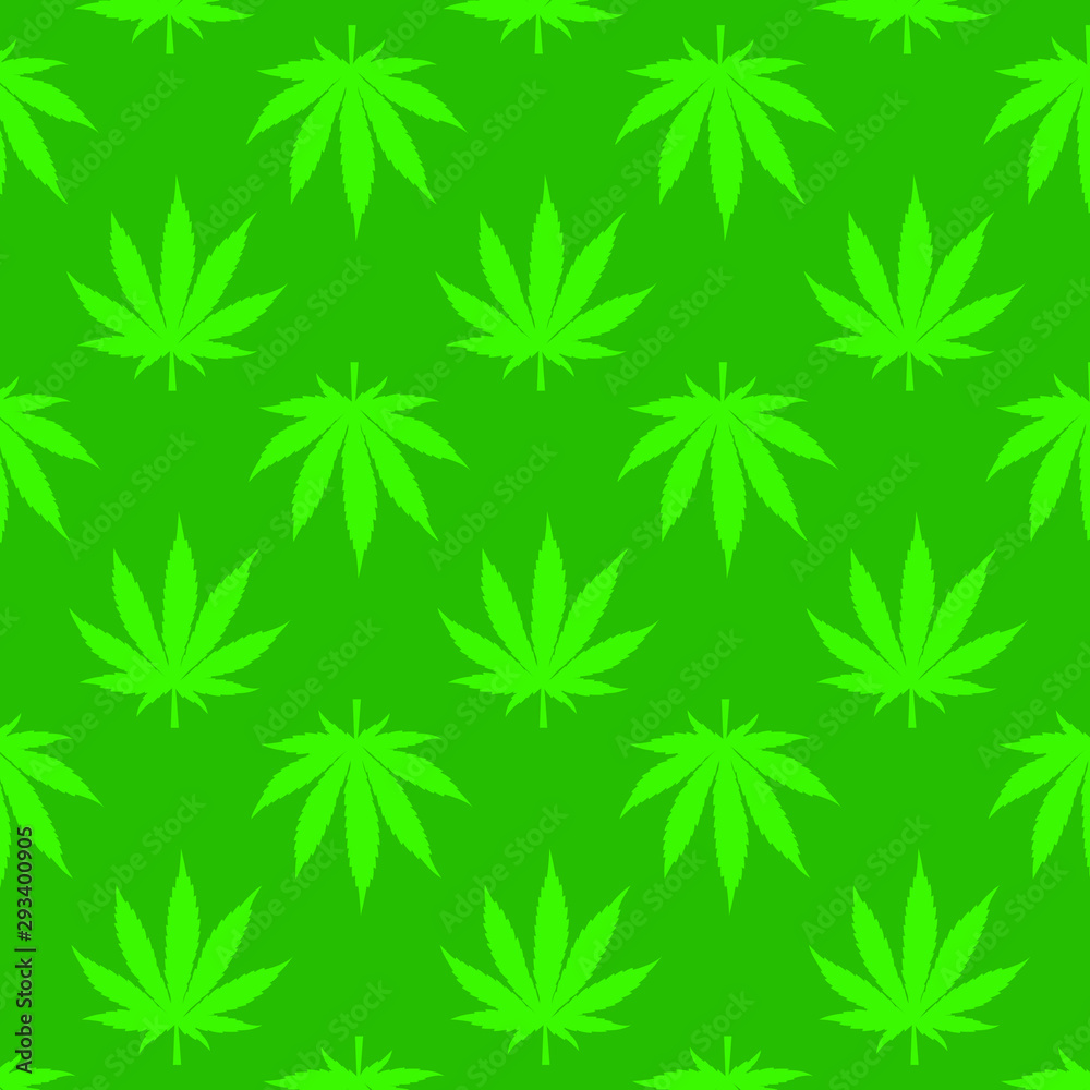 Green marijuana leaf pattern on green background. Vector illustration.