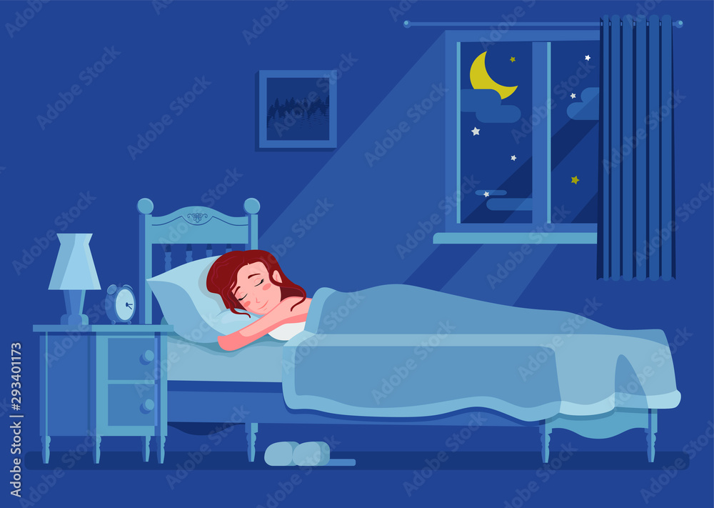 Lady sleeping at night. Woman sleeps in bed under duvet. Girl bedroom home interior - obrazy, fototapety, plakaty 