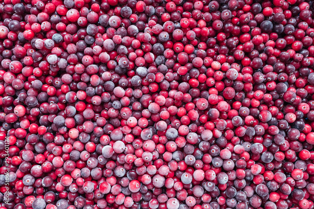Red background made from frozen cranberries. Top view Red background made from frozen cranberries. Top view