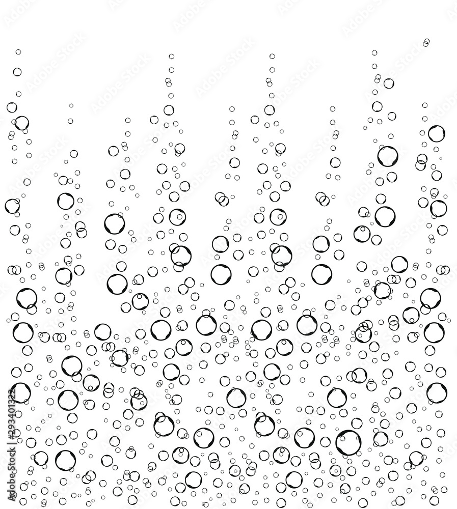 Underwater fizzing air bubbles stream on white background