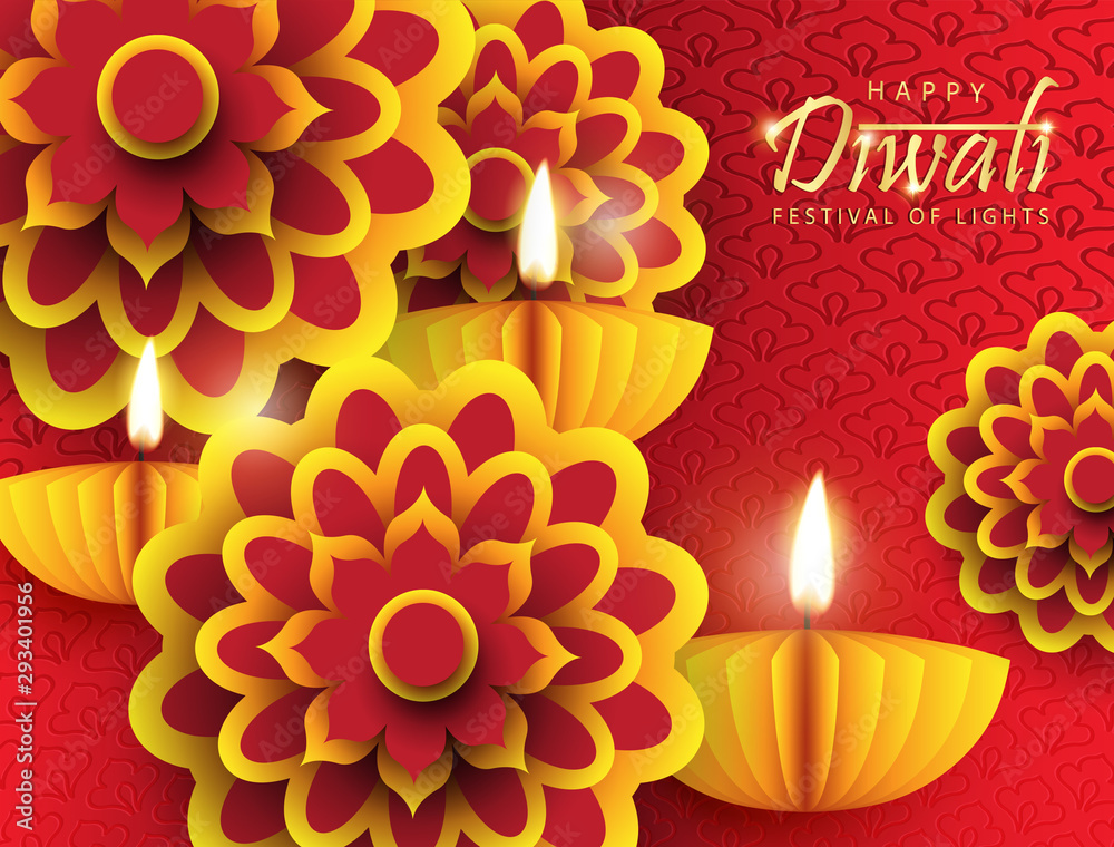 Obraz premium Diwali festival holiday design. Beautiful Indian Flower Paper with Diya Oil Lamp Design. The Festival of Lights.