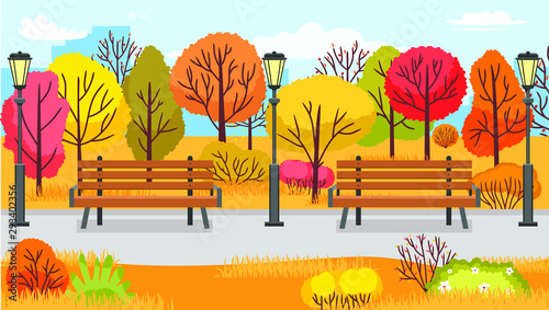 Cartoon autumn park. Yellow trees, city parks environment and nature panorama. City autumnal fall garden park landscape wallpaper vector background illustration