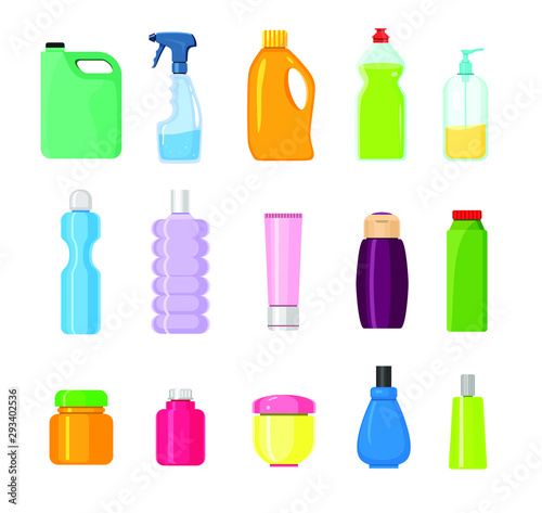 Detergent bottles set. Cartoon vector icons.
