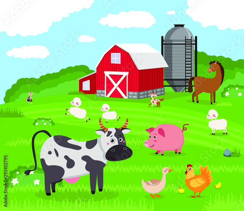 Farm animals. Village animal farms, cows red barn and cattle field landscape. Breed got, cow and horse or domestic chicken. Livestock character cartoon illustration