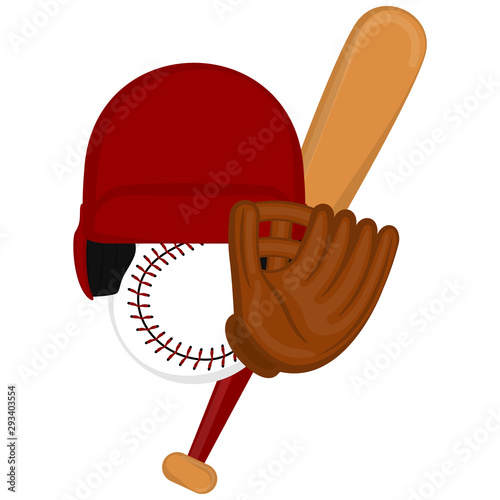 Baseball accessories. Helmet, bat, ball and glove - Vector illustration