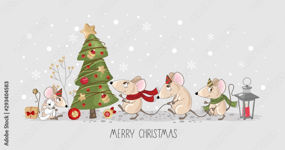 Obraz Christmas card with cute mice, Christmas tree and festive elements. Vector illustration.