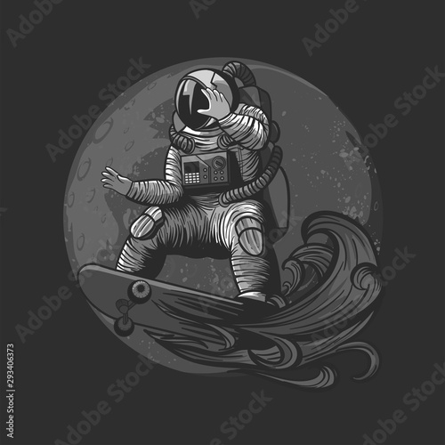 Fototapet illustration of astronaut, cosmonaut paying skateboard and sport on the space wi