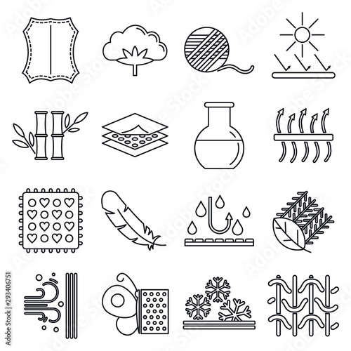 Fabric feature breathable icons set. Outline set of fabric feature breathable vector icons for web design isolated on white background