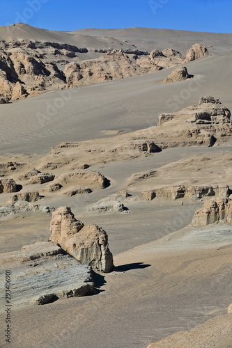 Yardangs-wind eroded rock and bedrock surfaces-alternating ridges and furrows-Qaidam desert-Qinghai-China-0538 photo