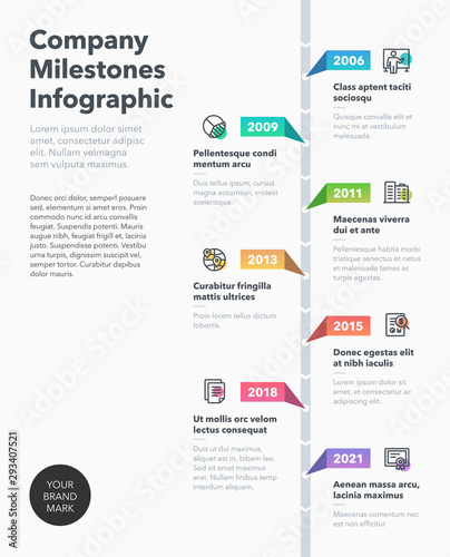 Moderm business infographic for company milestones timeline template with line icons. Easy to use for your website or presentation.